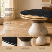 Table à manger ronde moderne de luxe en marbre avec plateau en pierre noire et base en marbre blanc, 4 places