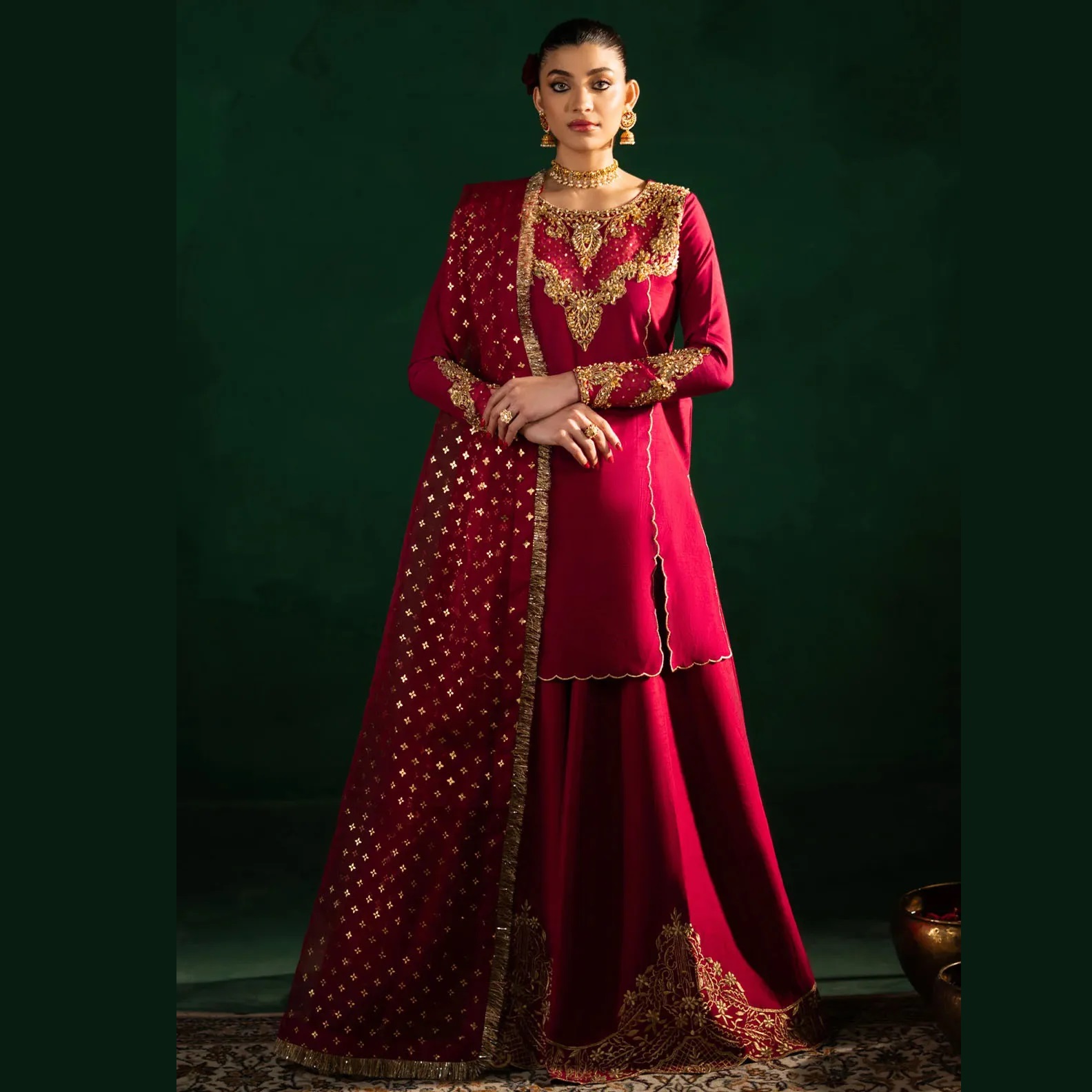 slim fit dress slacks Traditional Deep Maroon & Gold Bridal Wedding Silk Lehenga Set  [product_title] | OORVI DESAI main image 1