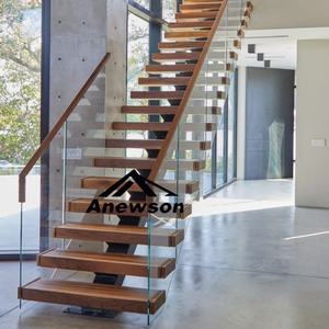 Material interior de madera de construcción moderna, barandilla de vidrio, Balu barandilla de acero, escalera recta, escalera - Product Image 2