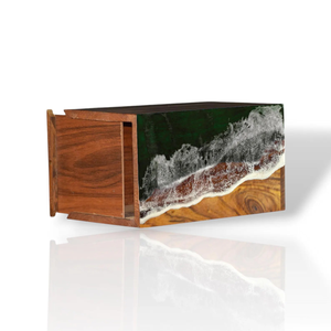 Urne funéraire en bois de rose de style américain artisanale avec incrustation de résine en forme de vague océanique, urne commémorative personnalisable pour les cendres humaines - Product Image 2