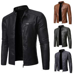 Chaqueta de cuero de motocicleta de invierno para hombre, abrigo relleno de algodón con textura lavada a la moda con cuello levantado, cremallera transpirable personalizable - Product Image 1