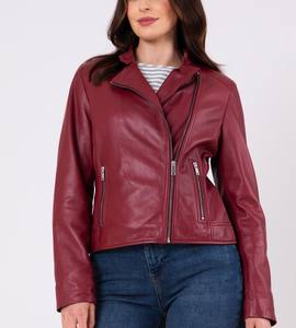 Blouson aviateur en cuir d'agneau véritable bordeaux pour femme, fermeture éclair asymétrique, doublure en coton respirant, vêtements d'extérieur tendance pour l'hiver - Product Image 1
