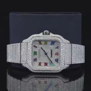 นาฬิกาฮิปฮอปสำหรับผู้ชาย ประดับเพชรโมอิสซาไนต์ทรงกลม ความใสระดับ VVS  ตัวเลขโรมันหลากสี  นาฬิกาสไตล์วินเทจสำหรับผู้ชายและผู้หญิง - Product Image 5