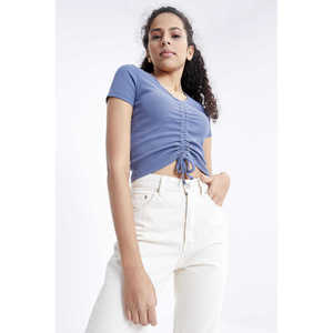 Camiseta Corta de Mujer Tommylife Wholesale Petroleum Gathered Detail con Cuello en V - 97205 - OIL - Product Image 1