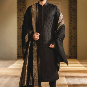 2023 New Black Sherwani with Decent Embroidery Stole Silk Fabric Suit Including <b>Pants</b> Shoe & Dress for Party or Wedding - Product Image 1