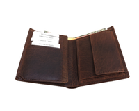 Portefeuille à rabat ouvert en cuir pleine fleur marron vintage personnalisé pour hommes avec finition Crazy Horse et blocage RFID