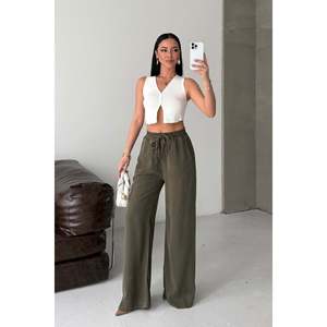 XLove <b>Jeans</b> Women's Natural Gabardine <b>Elastic</b> <b>Waist</b> High Rise Full Length Wide Leg Palazzo Pants for Casual Wear - Product Image 2
