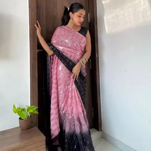 Sari Georgette de color rosa con trabajo de bordado de secuencia Diseñador Función DE BODA Usar Sari, Ropa de fiesta Sari, Traje de diseñador - Product Image 1