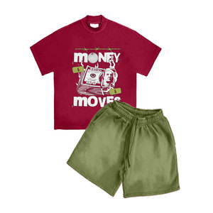 Acid Wash Ensemble de t-shirts et shorts graphiques deux pièces pour hommes Été 100% coton Sun Faded Washed Shorts Set - Product Image 1