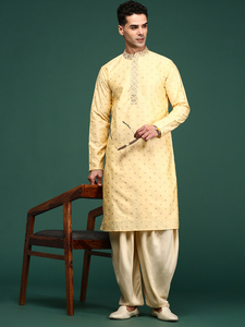 Kurta Pajama brodé pour homme Ramas Kurti, vêtements ethniques, meilleure qualité, design festif d'été, tissu polyester brun clair, coupe classique - Product Image 4