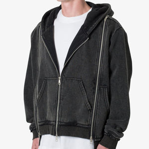 Sweat à capuche homme personnalisé Triple fermeture éclair Style Vintage lavé grande taille 100% coton éponge française coupe ample Streetwear homme à capuche - Product Image 1