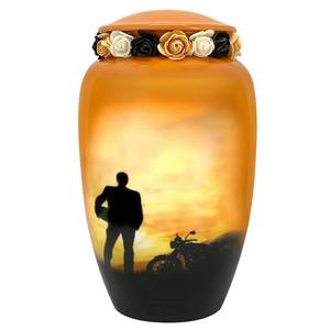 Urna de cremación al atardecer para motocicleta, urna de Metal hecha a mano, opción de grabado personalizado conmemorativo para motorista, opción de corona de tributo - Product Image 4