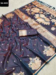 Vêtements ethniques indiens Saree en soie Banarasi souple avec Saree de travail de tissage Zari avec chemisier en soie douce avec bordure de manches - Product Image 3