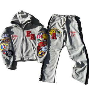 Sudaderas con capucha bordadas vintage personalizadas para hombre, chándal de retazos desgastado con cremallera de lavado ácido, conjunto de invierno con patrón sólido - Product Image 5