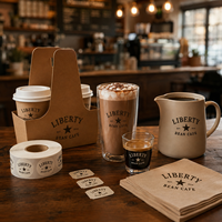 Ensemble d'accessoires pour café AT PACK personnalisé avec serviettes, verres à café, porte-gobelets, pot, autocollants et emballage avec logo
