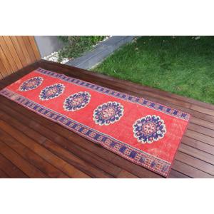 พรมวินเทจตุรกี ขนาด 2.6x7.9 ฟุต (78x242 ซม.) พรมขนสัตว์สีแดง - Product Image 2