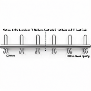 Natural Color Aluminum F1 <b>Wall</b>-mounted Coat Rack with 5 Hat <b>Hooks</b> and 10 Coat <b>Hooks</b> 1000mm Length 200mm <b>Hook</b> Spacing - Product Image 2