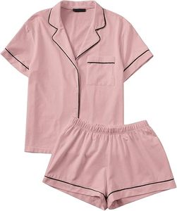 Vêtements de nuit à manches courtes et col cranté pour femmes, couleur unie, ensemble de pyjama deux pièces - Product Image 1