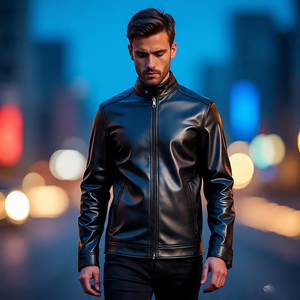 Chaqueta Vintage de Cuero para Hombre, Chaqueta Ajustada, Cuello Levantado, Logotipo Frontal Impreso, A Prueba de Viento, Transpirable, Informal, Invierno - Product Image 2