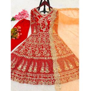 Robe de travail Anarkali entièrement cousue brodée avec fond contrasté Dupatta et costume au meilleur prix - Product Image 1