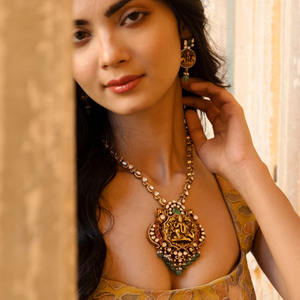 Collier de mariée en argent 925 avec diamants Nakshi et Polki, symbole divin de la protection, Gajaah, bijou héritage - Product Image 3