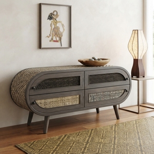 Bone Modern Apartment Nightstand Mahogany Wood Oval Bedroom Bedside Cabinet Handwoven Rattan Doors Premium Storage Organizer - Product Image 5