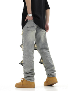 Custom Logo OEM <b>Jeans</b> <b>Men</b> Heavy Distressed Washed Distressed <b>Jeans</b> <b>Flare</b> Denim Pants Unisex - Product Image 5