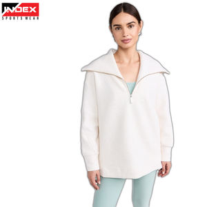 Sudadera con capucha de media cremallera corta personalizada al por mayor, sudadera deportiva de cuello alto en blanco de alta calidad con cremallera Sudadera con capucha de manga larga suelta para mujer - Product Image 6