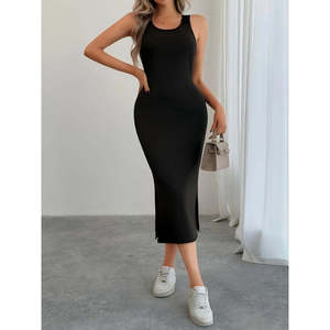 Women's Strappy Round Neck <b>Viscose</b> <b>Dress</b> with Side Slit and Lace Detail at the Back, 35572 - Black - Product Image 5