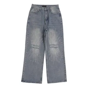GDTEX Custom Jeans With Rhinestones For Men Street Wear Punk Distressed Jeans Baggy Jeans Men