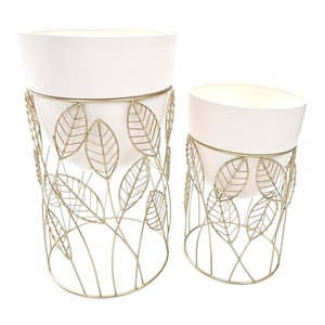 Designer <b>White</b> Metal <b>Pot</b> With Leaf Pattern Base For Indoor <b>Plant</b> Arrangement Contemporary Home Styling And Decorative Accent - Product Image 1