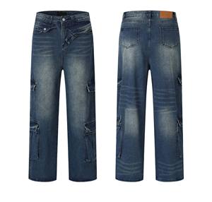 Men's High Street Baggy Straight <b>Jean</b> Pants 100% Cotton Breathable Denim Embroidery Patch Acid <b>Elastic</b> <b>Waist</b> Flat Loose Fit - Product Image 5