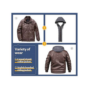 Veste Bomber de moto formelle vintage pour hommes, imperméable, coupe-vent, capuche amovible en PU, poches zippées, simili cuir, toile d'hiver - Product Image 4
