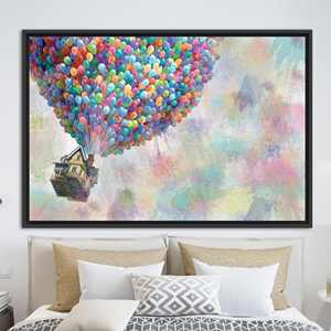 Printed <b>Canvas</b>: Rainbow Air Balloons Inspired by Up Movie,1P:Black <b>Framed</b> - Product Image 1