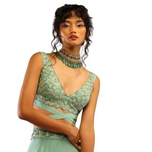 พาลาซโซและครอปสีเขียวน้ำทะเลพร้อมสายคาดเอวเสื้อผ้าพื้นเมืองของผู้หญิงเครื่องแต่งกายตามสั่ง - Product Image 3