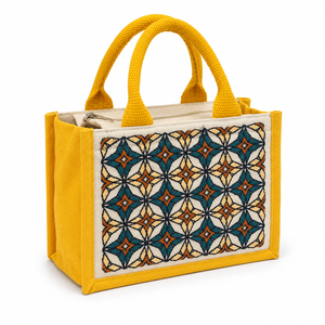 Sac fourre-tout mini en coton brodé Mosaic Bloom Juco, 9 x 6,5 x 4 pouces, jaune moutarde, avec fermeture éclair, sac cadeau - Product Image 1