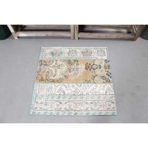 Tapis vintage 2,6x2,6 pieds, bleu brun camouflage, tapis turc en laine - Product Image 3