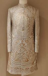 2024 <b>Men's</b> BEAUTIFUL HEAVY <b>WHITE</b> EMBROIDERY GROOM SHERWANI PANT MATCHING <b>SHOE</b> with CRYSTAL GLASS BEADS DABKA WORK PLUS SIZE - Product Image 2