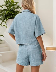 Décontracté été rue 2 pièces ensemble taille haute goutte épaule sans manches haut Activewear Denim Shorts taille haute goutte épaule - Product Image 2