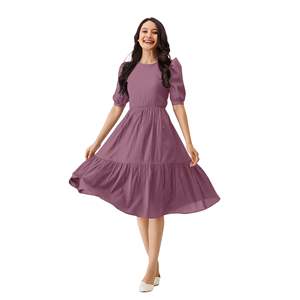 Trendmalls ชุดเดรส V28สไตล์ตะวันตกแบบทางการของผู้หญิงชุดเดรสผ้าซาตินระบายอากาศสีพื้นมีจีบด้านหน้าอัดพลีทเอวสีธรรมชาติ - Product Image 1