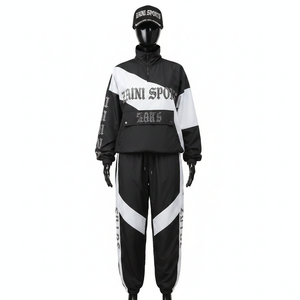 Conjunto de Chaqueta Cortavientos de Nailon Premium para Mujer, 130 GSM, Paneles en Contraste Blanco y Negro, Logotipo Personalizado, Detalles de Pedrería, Talla Grande - Product Image 1