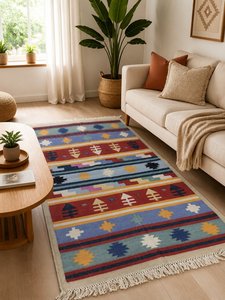 Alfombra Kilim de Algodón Tejida a Mano, con Diseño Geométrico y Rayas, Estilo Bohemio, con Borlas, para Decoración del Hogar y Sala de Estar - Product Image 3