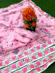 Exclusive Designer <b>Pink</b> Color Party Wear Floral Printed Georgette Saree With Sequence Embroidery Work <b>Lace</b> Border for Women's - Product Image 4
