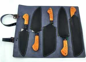 Juego de cocina de cuchillo de Chef de 5 piezas de acero de Damasco forjado a mano personalizado con mango Pakka y Rosa de madera y bolsa de cuero - Product Image 6