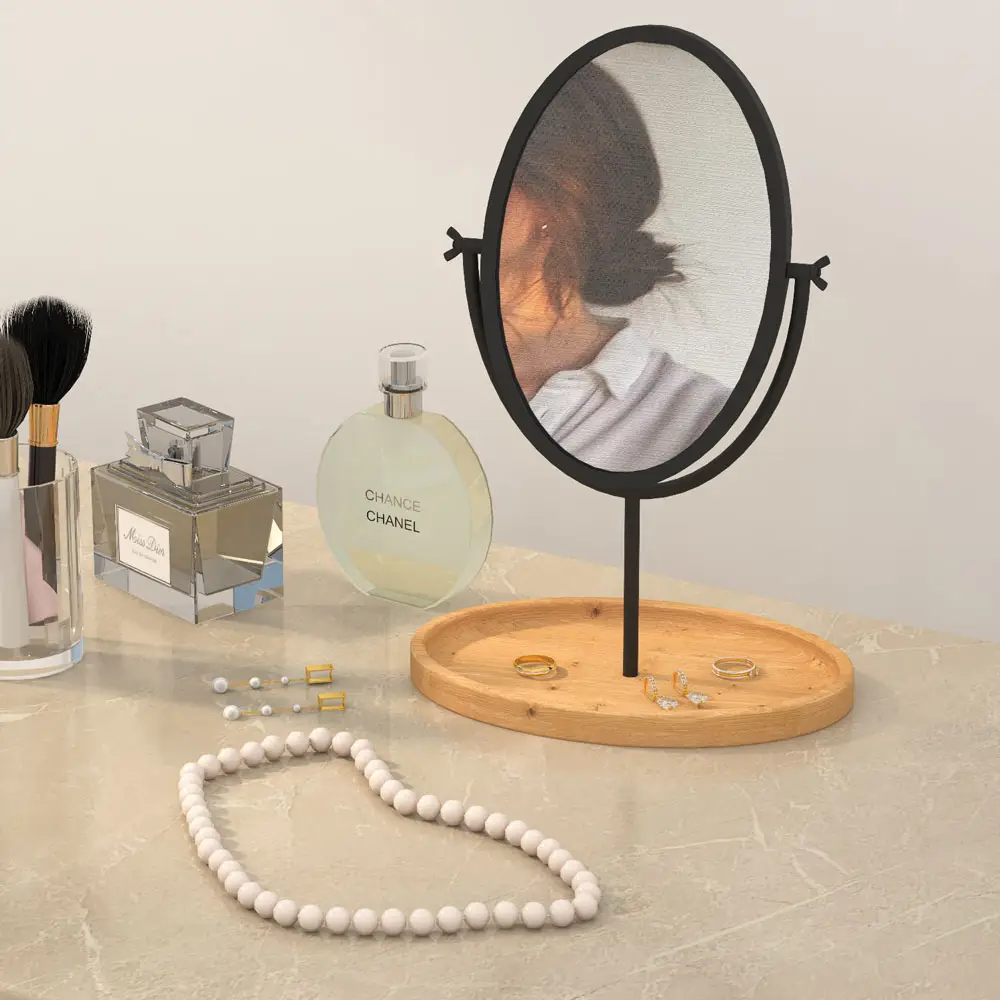 Miroir de courtoisie de bureau écologique Miroir de maquillage en métal naturel pour la maison Miroir ovale de maquillage de table sur socle en bois