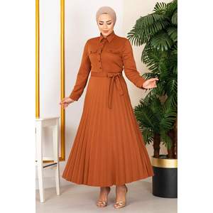 Pleated Skirt Modest Dress 100MD21515 <b>Tan</b> - Product Image 1