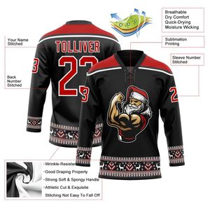 Muscle Santa Sports Team Logotipo personalizado Sublimación Impreso/Bordado Cuello de encaje personalizado Jersey de hockey sobre hielo 100% Poliéster - Product Image 3
