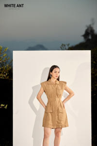 ชุดเดรสซาฟารี sappo ชุดเดรสทรงเอไลน์สีน้ำตาลผ้าลินินผ้าเรยอนผ้าไนลอนสีขาวหรูหราสำหรับผู้หญิง - Product Image 4