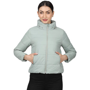Women's Light Green Quilted <b>Jacket</b> Stand Collar Full Sleeve Zipper Closure Short Length Polyester Shell Autumn Wear - Product Image 4