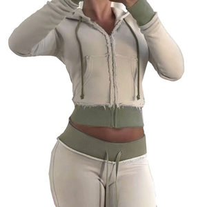 Online Custom Distressed Embroidery Patchwork Zip Hoodie Sweat <b>Suit</b> Women Two Piece Jogger <b>and</b> Sweatpants Set Custom Tracksuit - Product Image 2